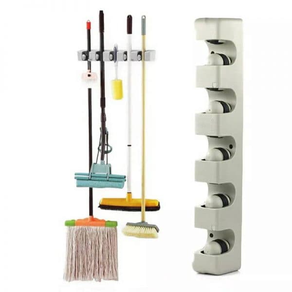 Porte-balai mural à 5 positions et 6 crochets, cintre de rangement pour étagère de cuisine — صورة 1
