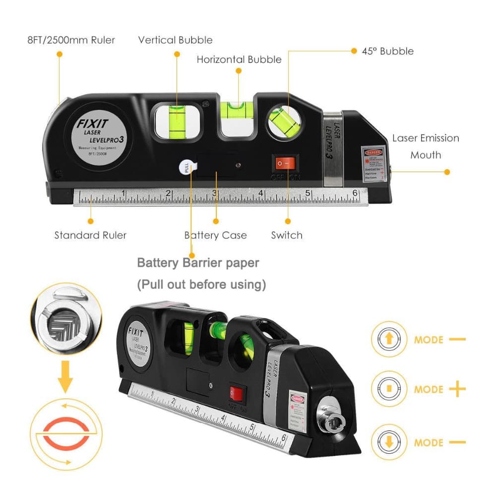 Niveau Laser 4en1 Fixit Level pro 3 Outil de musure Polyvalent Ruban De 8 Pieds — صورة 8