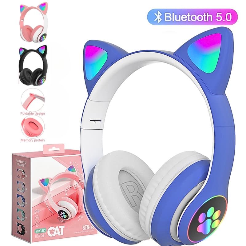 Casque stéréo Bluetooth sans fil oreilles de chat électroluminescents avec support carte TF — صورة 1