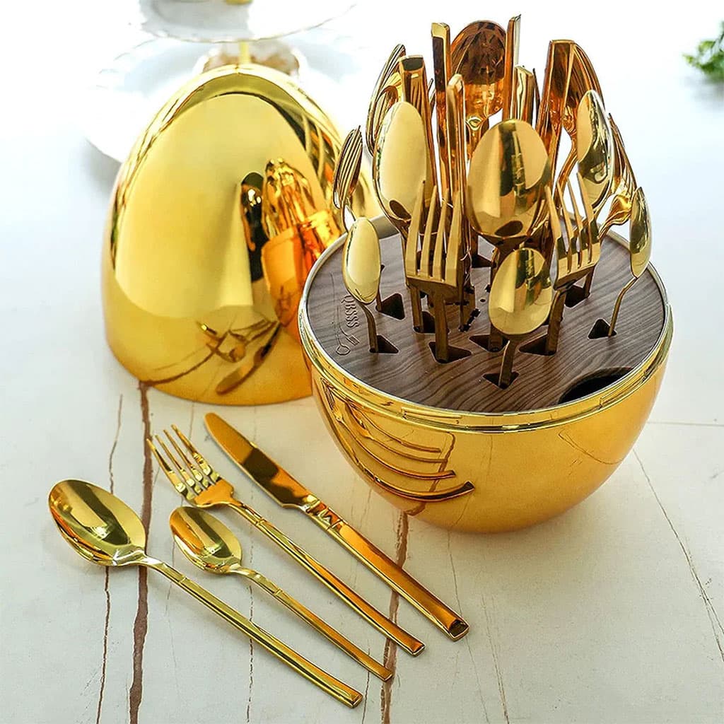 Serie Ensemble De Couverts Créatifs En Forme De Œuf Dorée 24Pcs – طقم أدوات المطبخ — صورة 5
