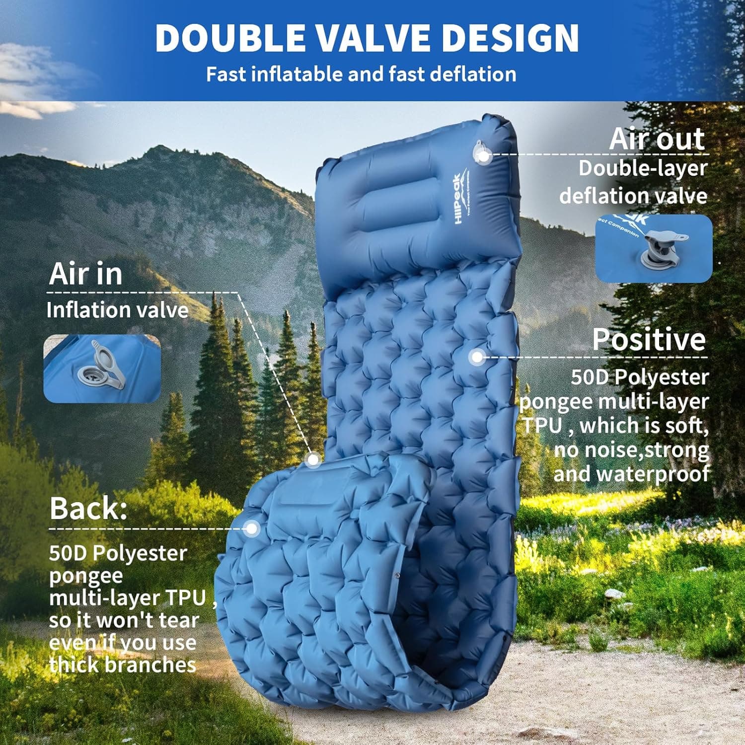 Matelas de Camping Gonflable Portable - فراش التخييم الهوائي القابل للنفخ بالقدم مع وسادة مدمجة - Camping et Randonnée - صورة 9