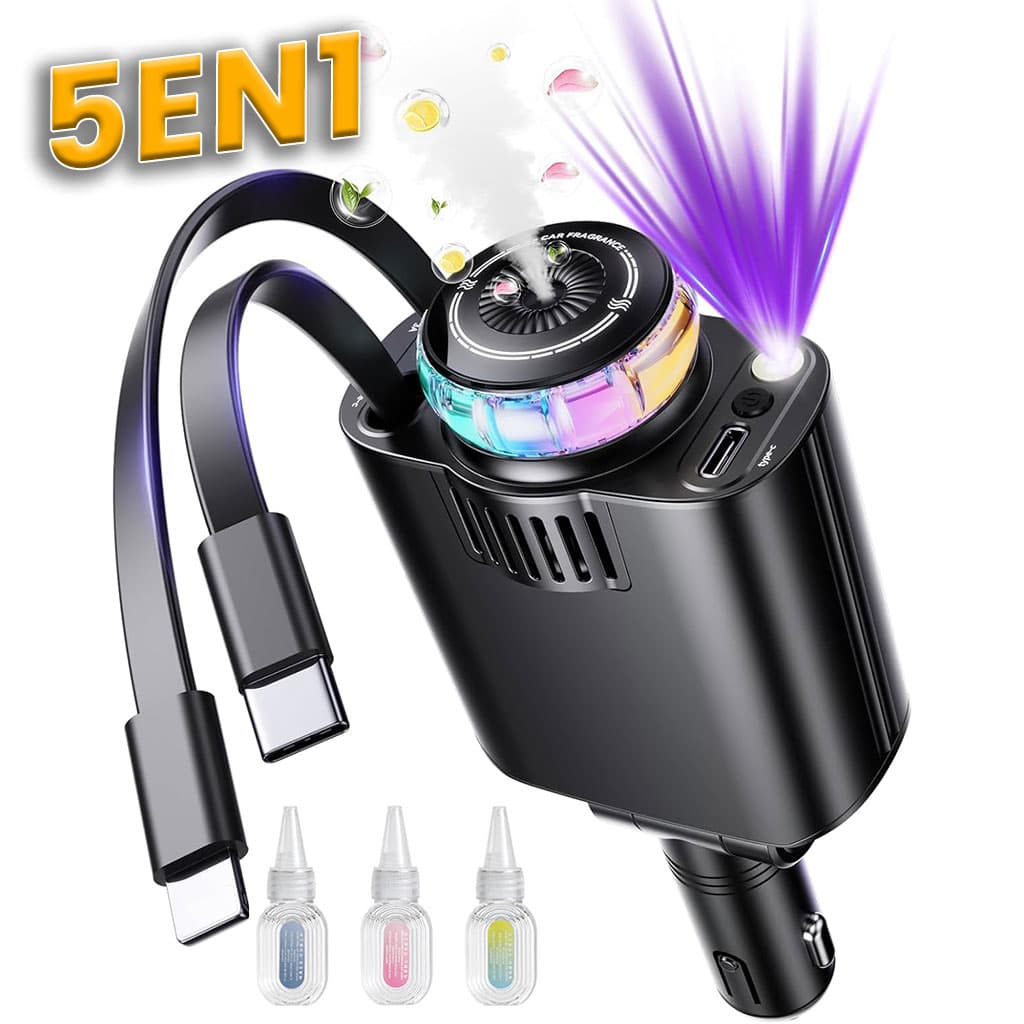 Chargeur voiture rétractable 5 en 1 avec aromathérapie et lumière des étoiles – شاحن سريع للسيارة مع معطر — صورة 1