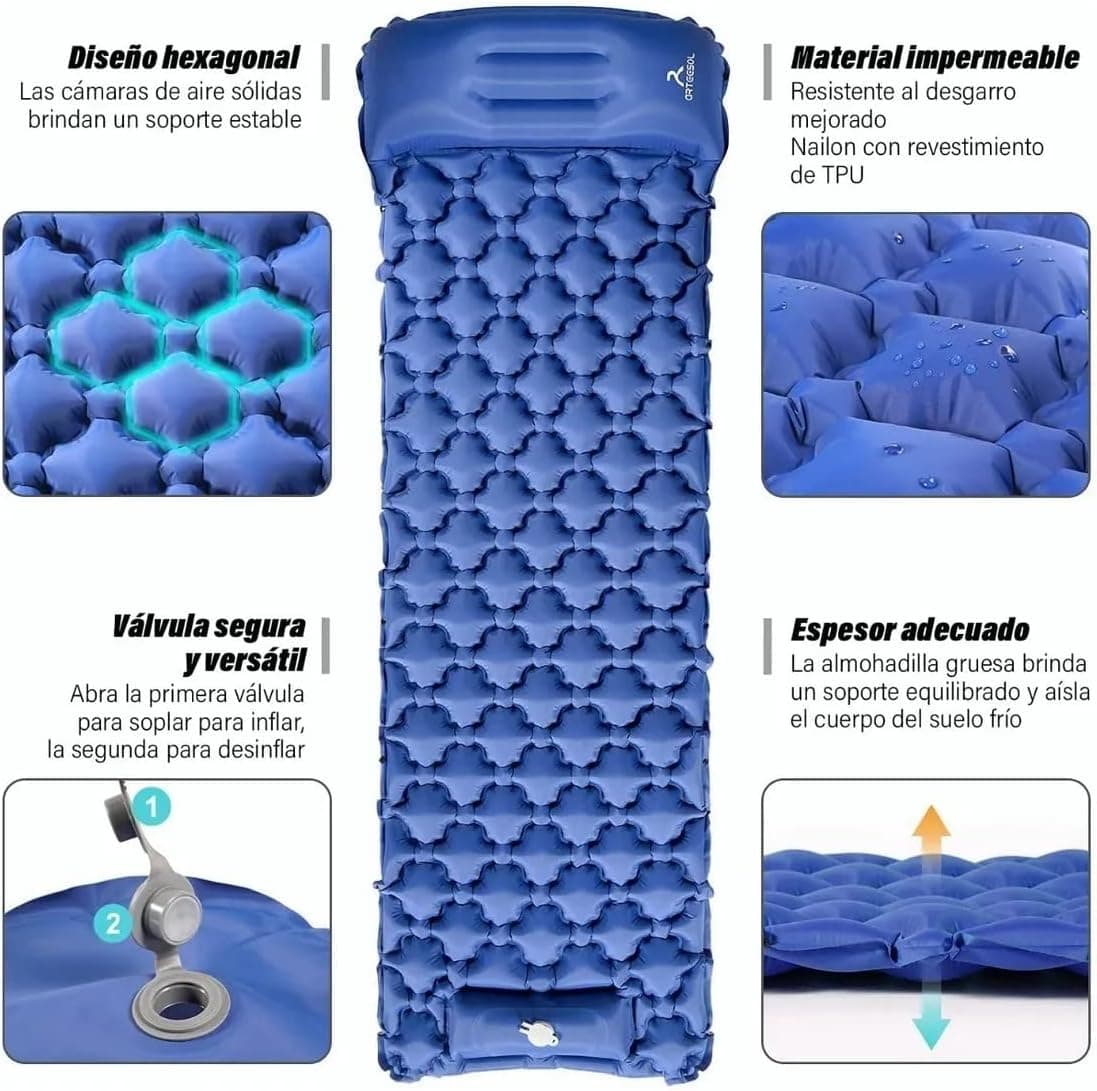 Matelas de Camping Gonflable Portable - فراش التخييم الهوائي القابل للنفخ بالقدم مع وسادة مدمجة - Camping et Randonnée - صورة 4