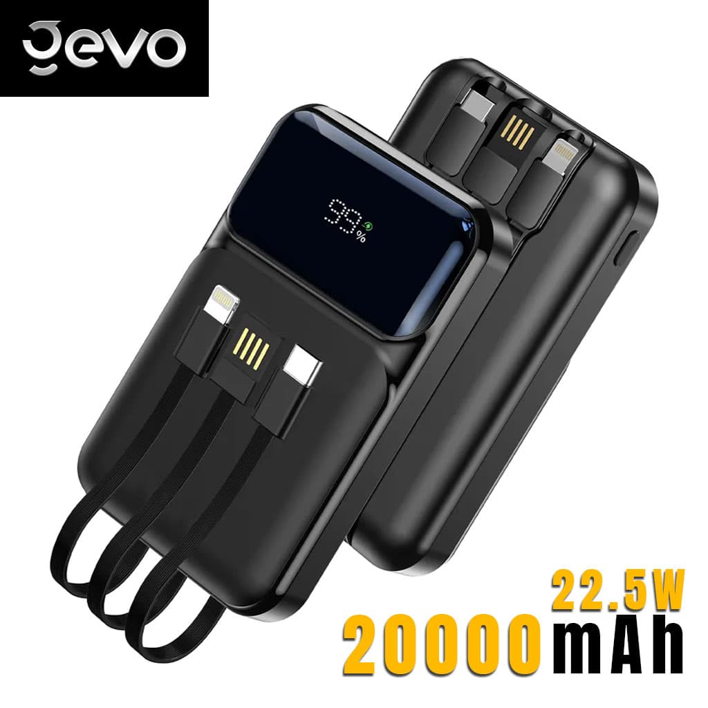 Power Bank Fast Charge Gevo 20000mAh avec Cable intégré LCD Screen – باور بانك سعة 20000ميلي أمبير مع كابلات شحن مدمجة — صورة 1