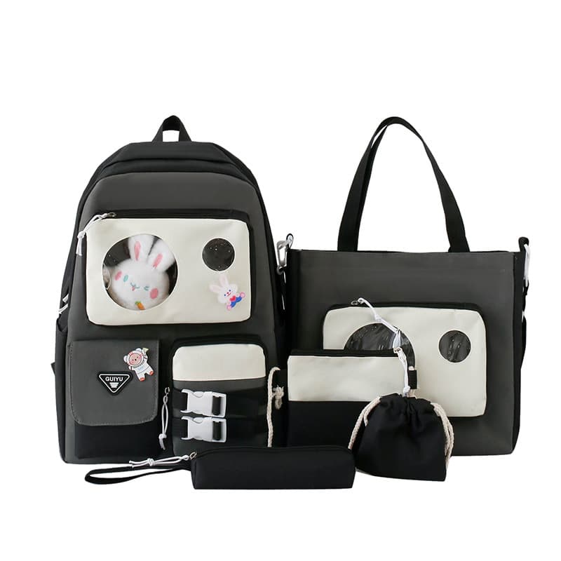 Ensemble de sacs d’école Kawai pour adolescents 5Pcs Guiyu V2 Noir et Gris– محفظة 5 قطع كاواي أسود ورمادي — صورة 2