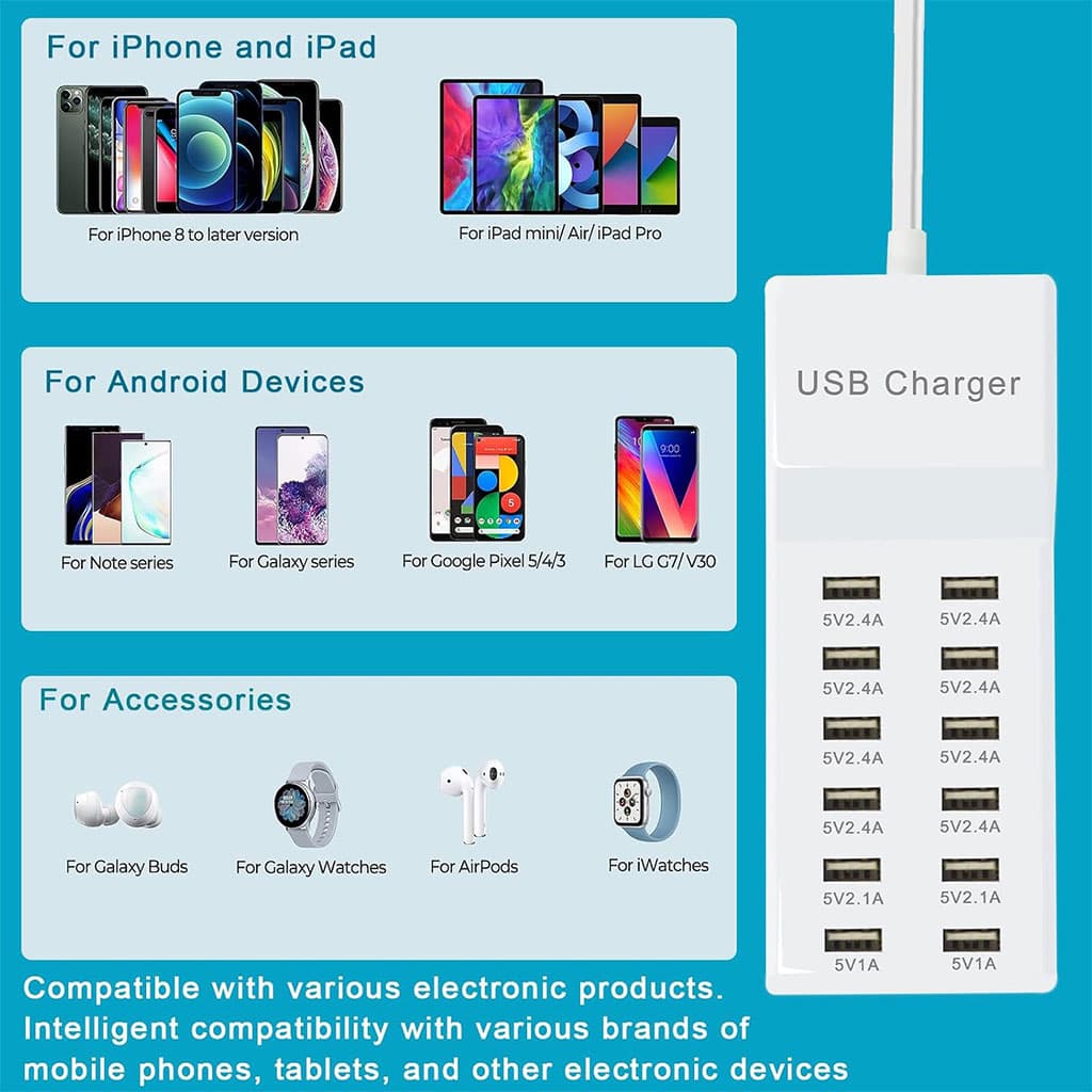 Station de charge USB avec multiprise 12 ports charge rapide – مقبس طاقة متعدد المنافذ — صورة 6