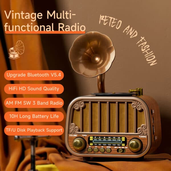 Radio rétro sans fil Bluetooth FM AM SW avec USB TF MD-1319BT – مكبر صوت بلوتوث على شكل راديو — صورة 4