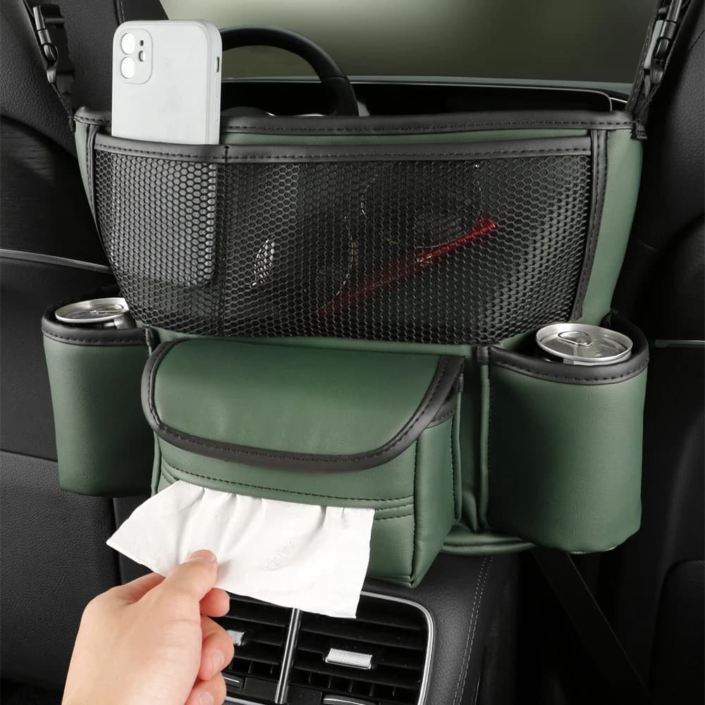 Sac de rangement en cuir pour siège de voiture, cintre central, sac à main automatique, support entre les sièges, poches pour gobelets à eau en tissu, évaluation de rangement — صورة 1