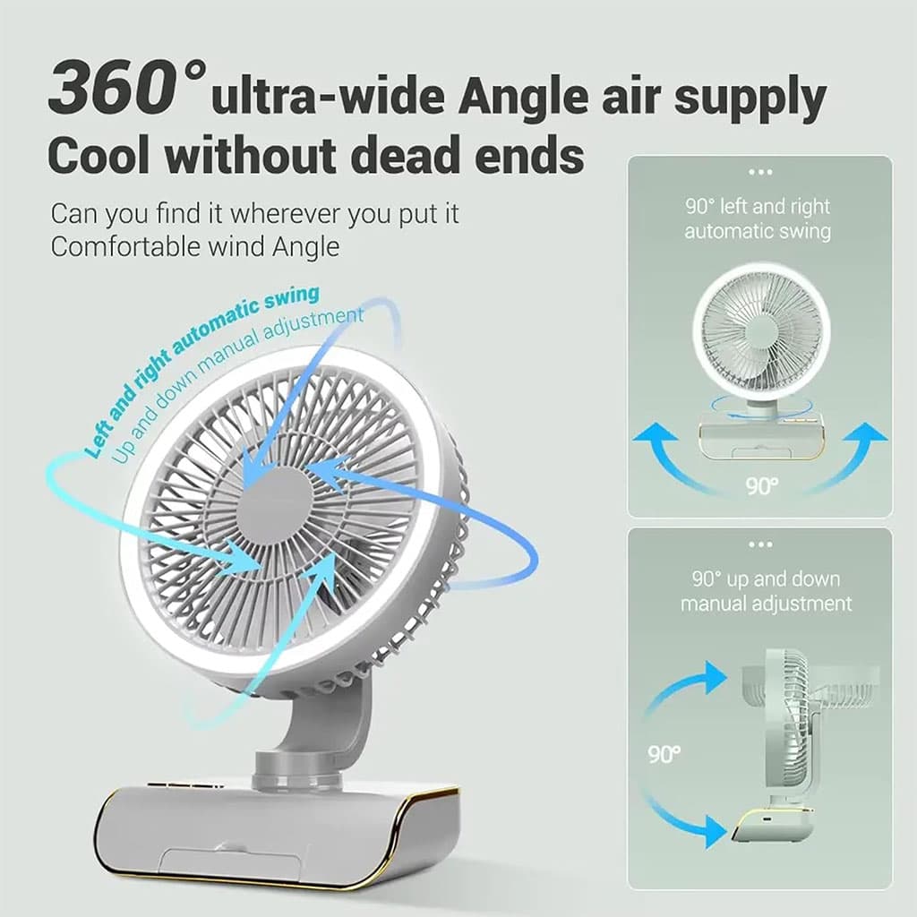 Ventilateur de Bureau Rechargeable Rotatif avec Lumière LED – مروحة مكتب قابلة للشحن — صورة 5