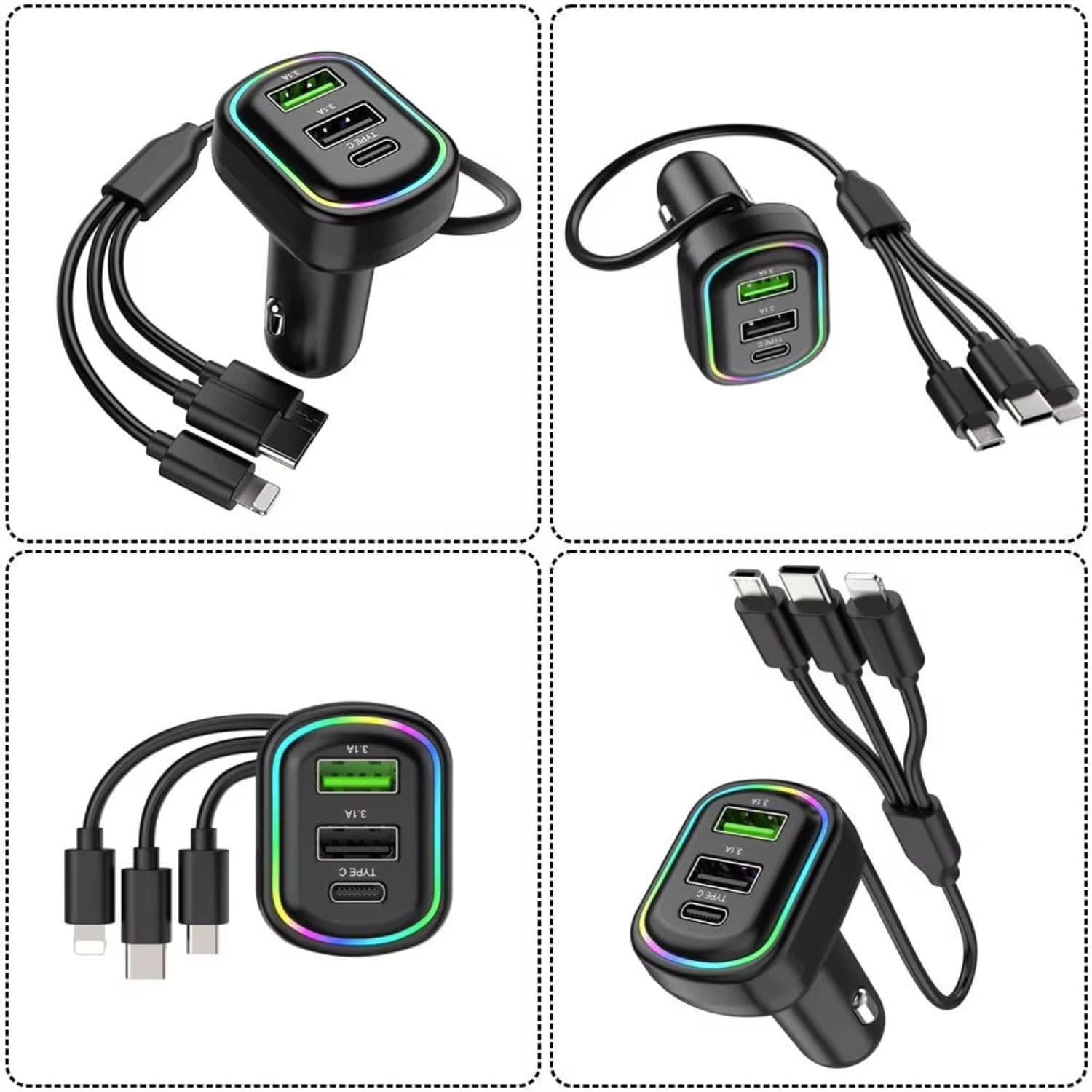 شاحن سيارة 3 منافذ | Chargeur 3 Ports Câble 3 en 1 | Lightning Type-C Micro USB — صورة 8
