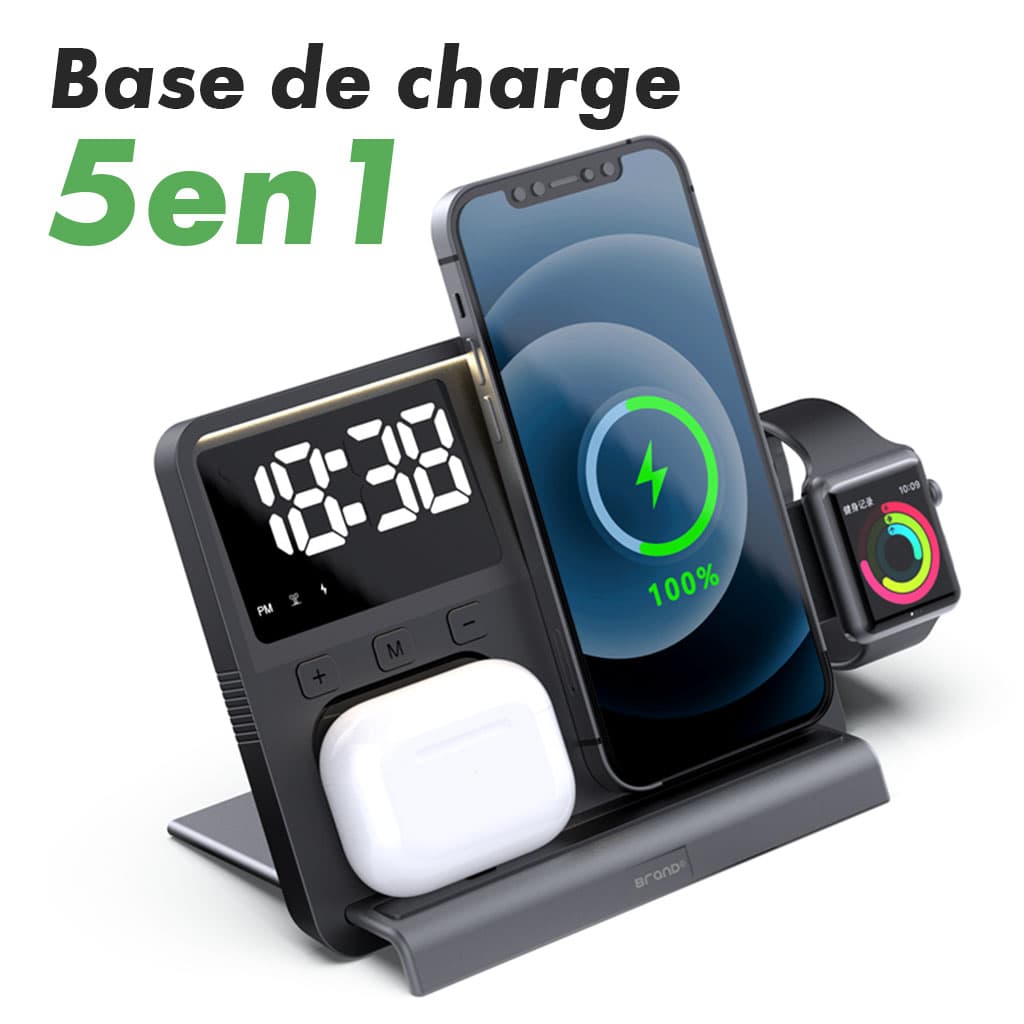 Chargeur sans fil 5 en 1 et station de charge ultra rapide avec Réveil integré — صورة 1