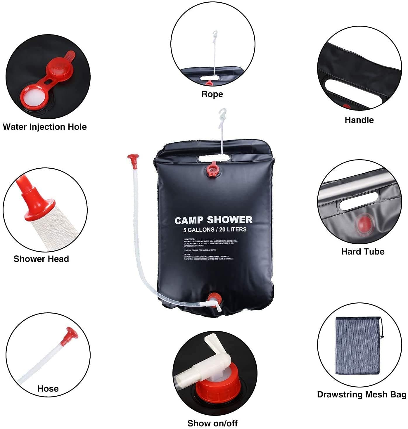 Sac de douche solaire avec pommeau de douche interchangeable 20L - حقيبة الاستحمام الشمسية المحمولة سعة 20 لتر - Camping et Randonnée - صورة 6