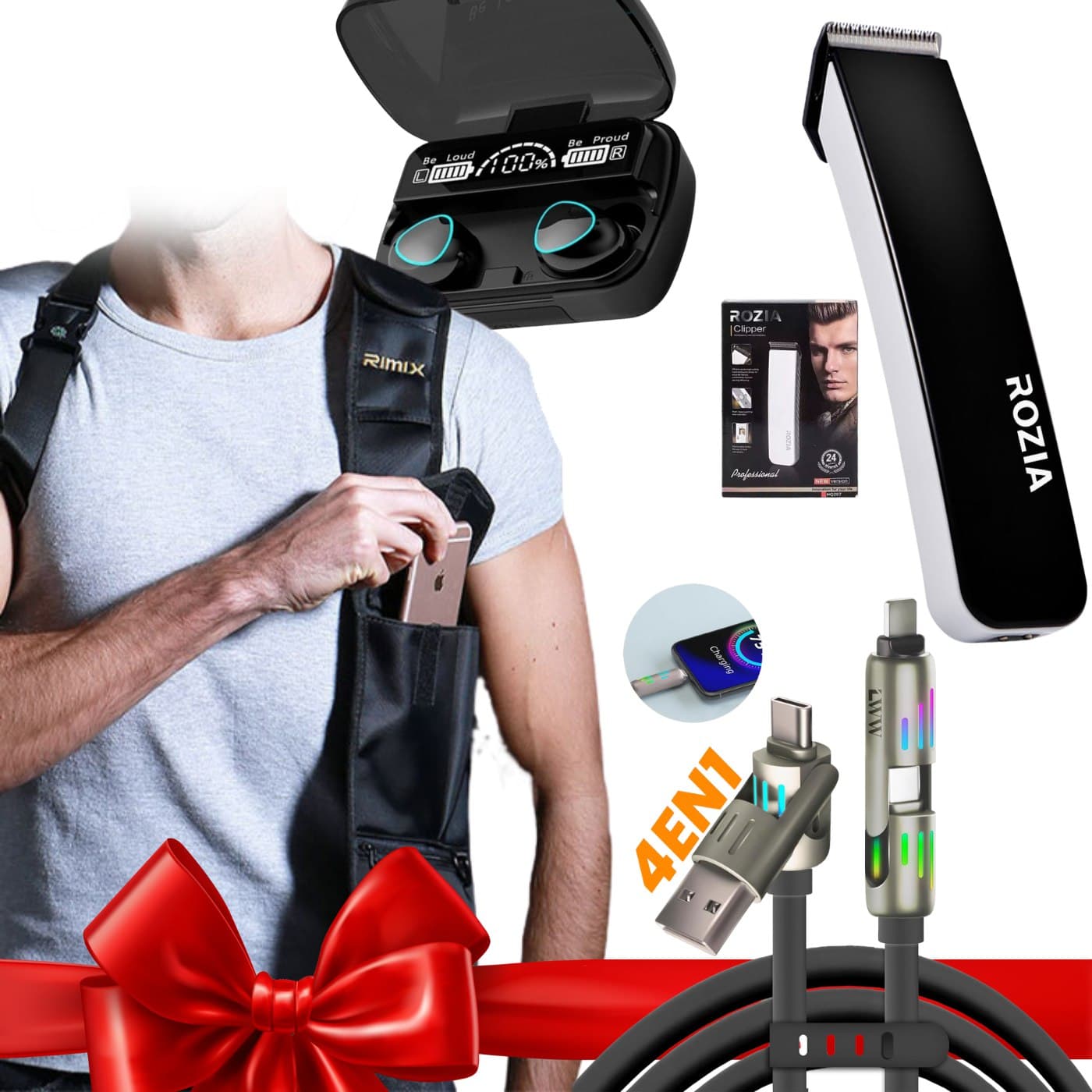SUPER PACK 4 IN 1 طقم سماعات + ماكنة حلاقة + كابل شحن + صاكوشة — صورة 1