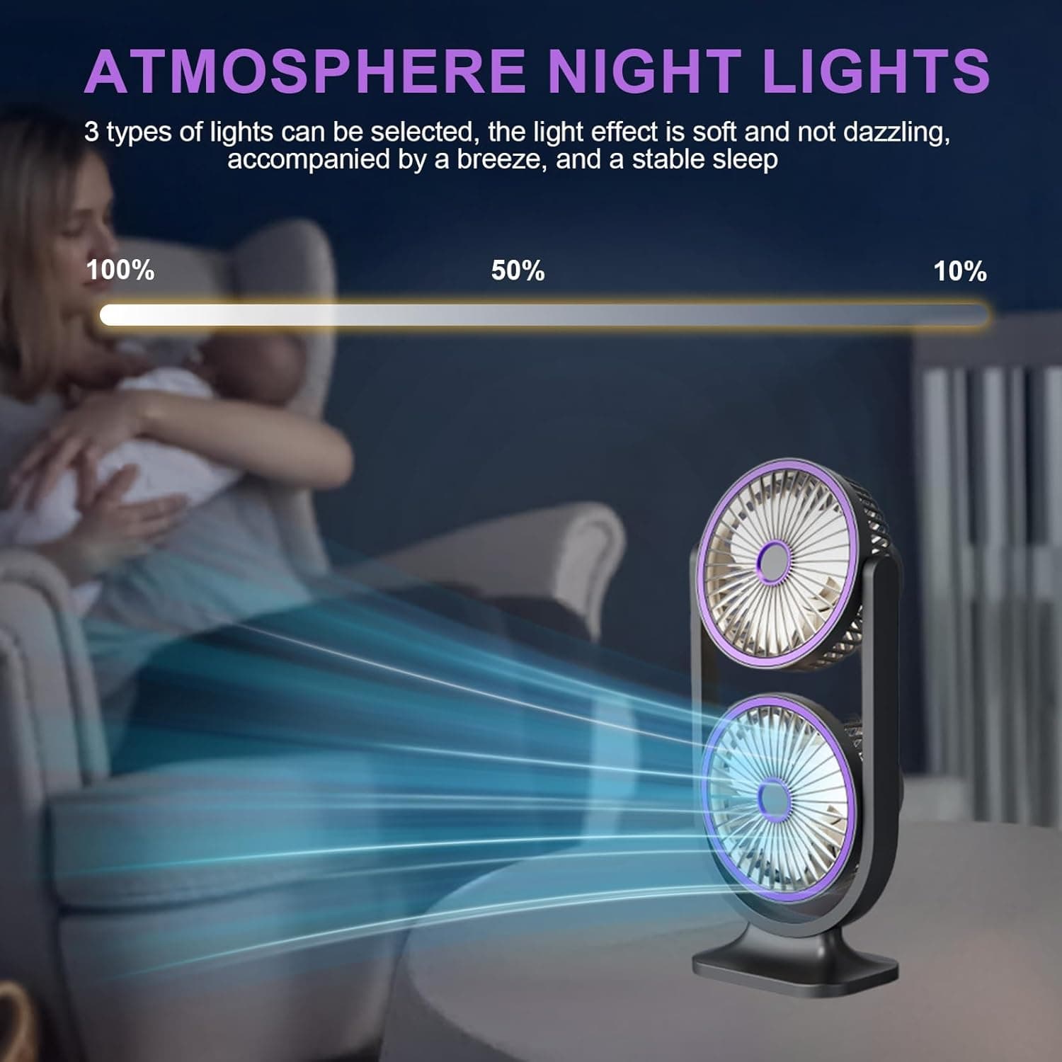 Ventilateur de Bureau Double Tête Rechargeable USB - مروحة المكتب المكتبية المزدوجة بـ 3 سرعات - Camping et Randonnée - صورة 9
