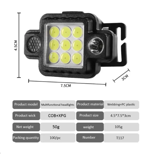 Lampe frontale Portable COB+XPG multifonctionnelle magnétique USB TYPE-C — صورة 6