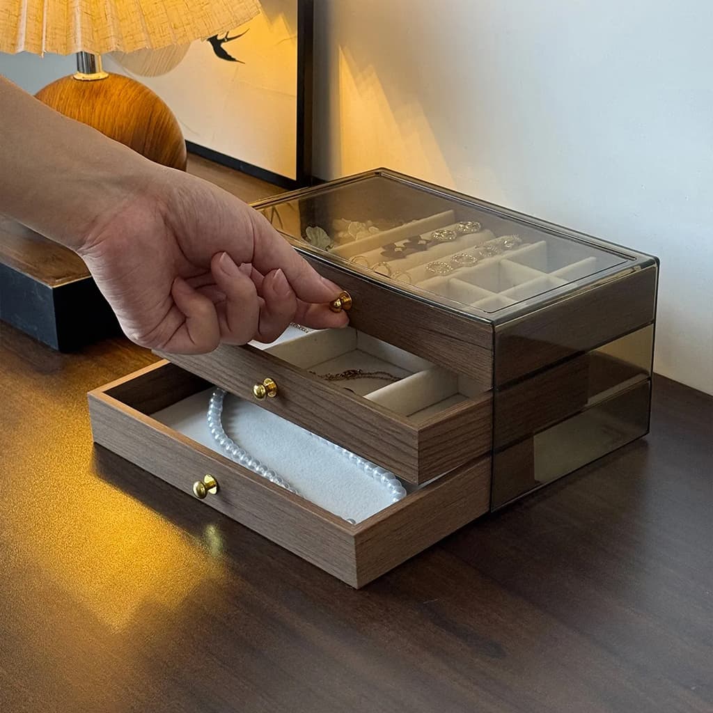 Coffret à bijoux en bois à 3 niveaux très élégant couleur noyer – علبة تنظيم المجوهرات — صورة 5