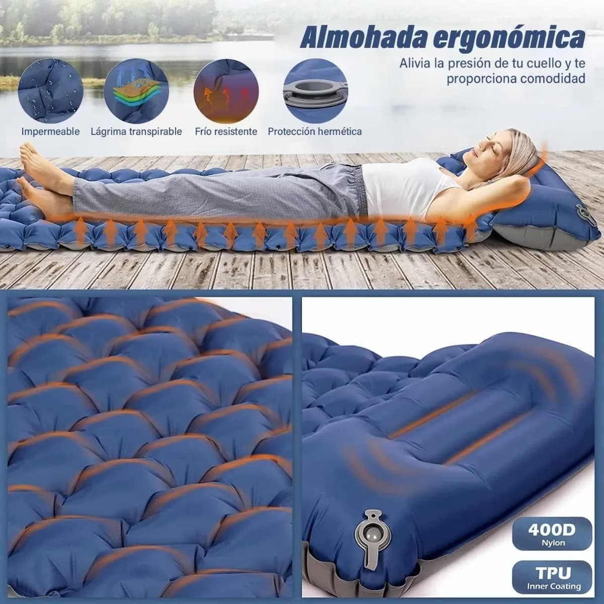 Matelas de Camping Gonflable Portable - فراش التخييم الهوائي القابل للنفخ بالقدم مع وسادة مدمجة - Camping et Randonnée - صورة 2