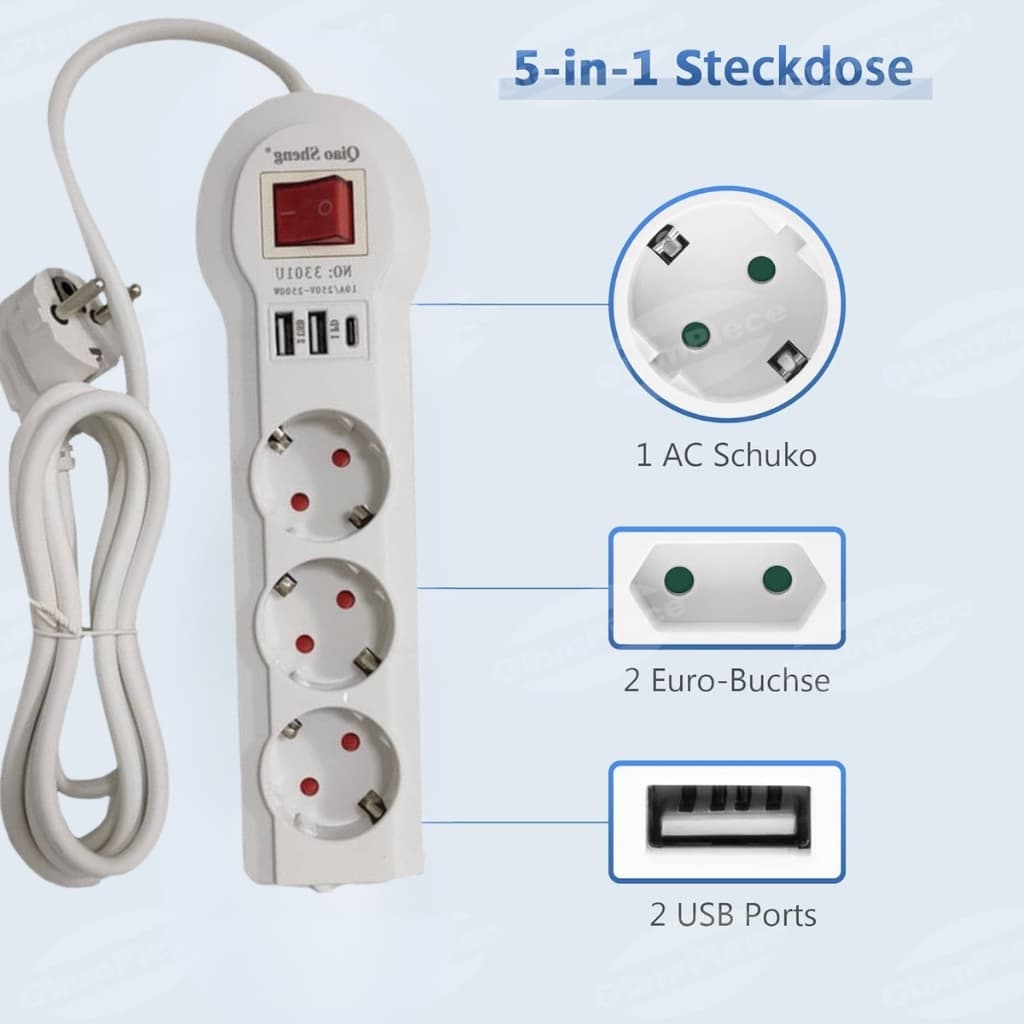 Multiprise 3 prises et Type C avec 2 USB 2 m Blanc 3301U — صورة 2