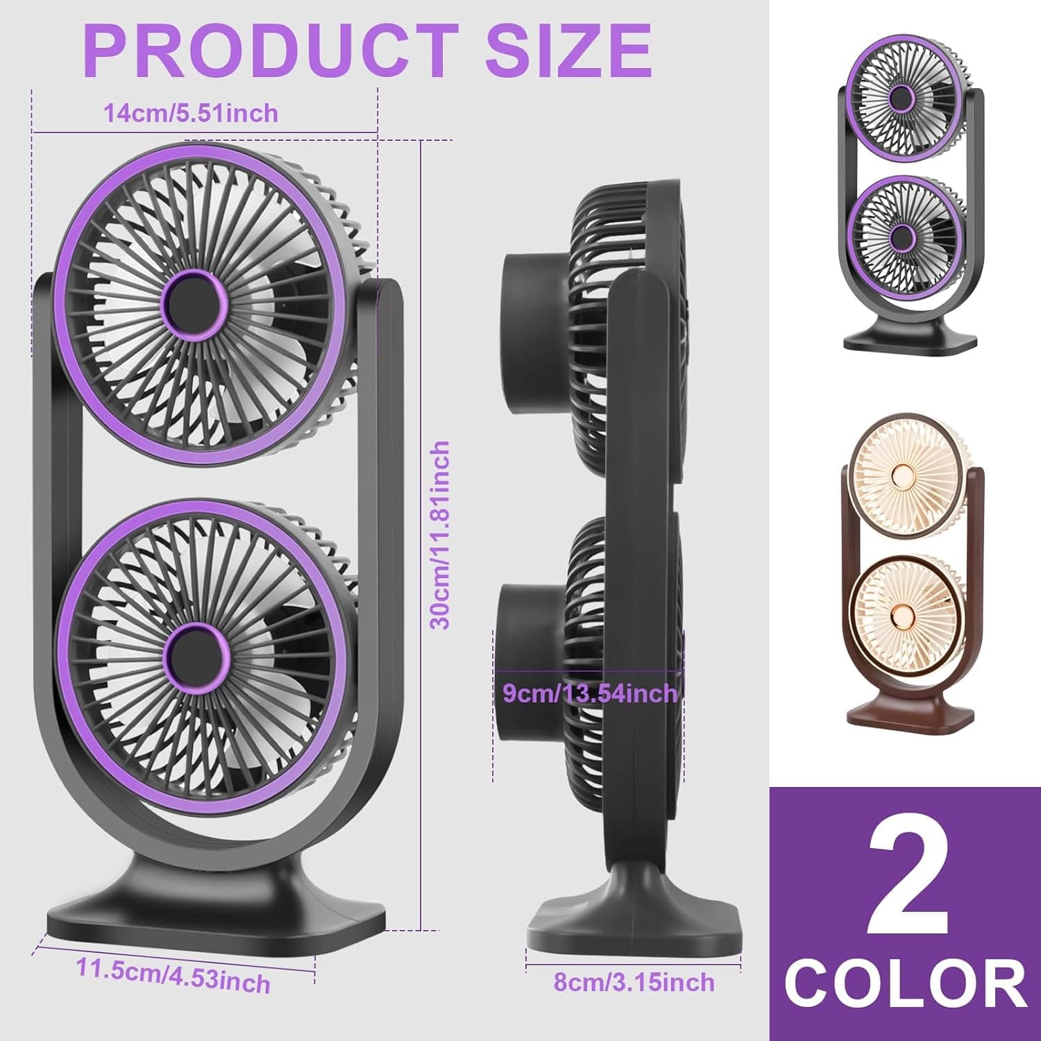 Ventilateur de Bureau Double Tête Rechargeable USB - مروحة المكتب المكتبية المزدوجة بـ 3 سرعات - Camping et Randonnée - صورة 8