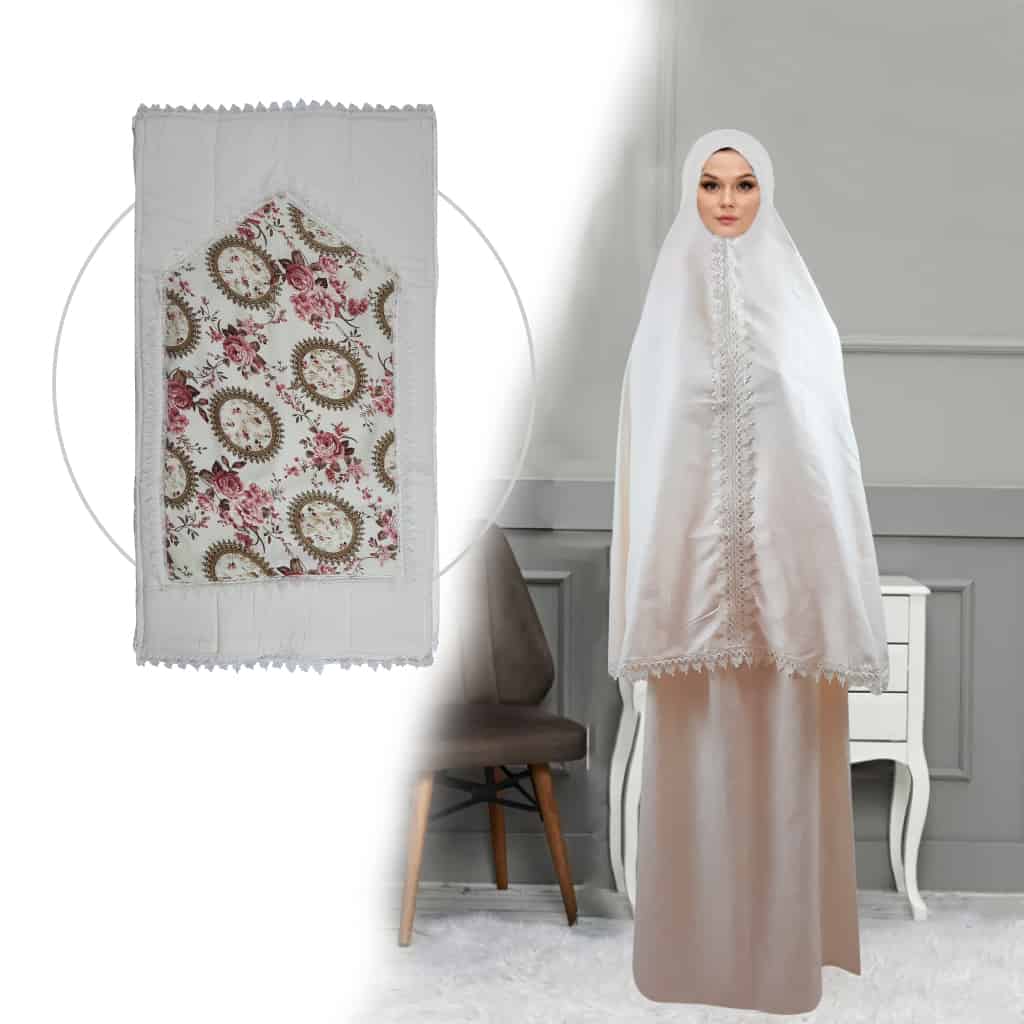 طقم صلاة نسائي 4 قطع برداء فضفاض وسجادة مبطنة مع غلاف للمصحف Kit De Prière 4 Pieces Pour Femmes En Tissu Doux Et Confortable — صورة 4