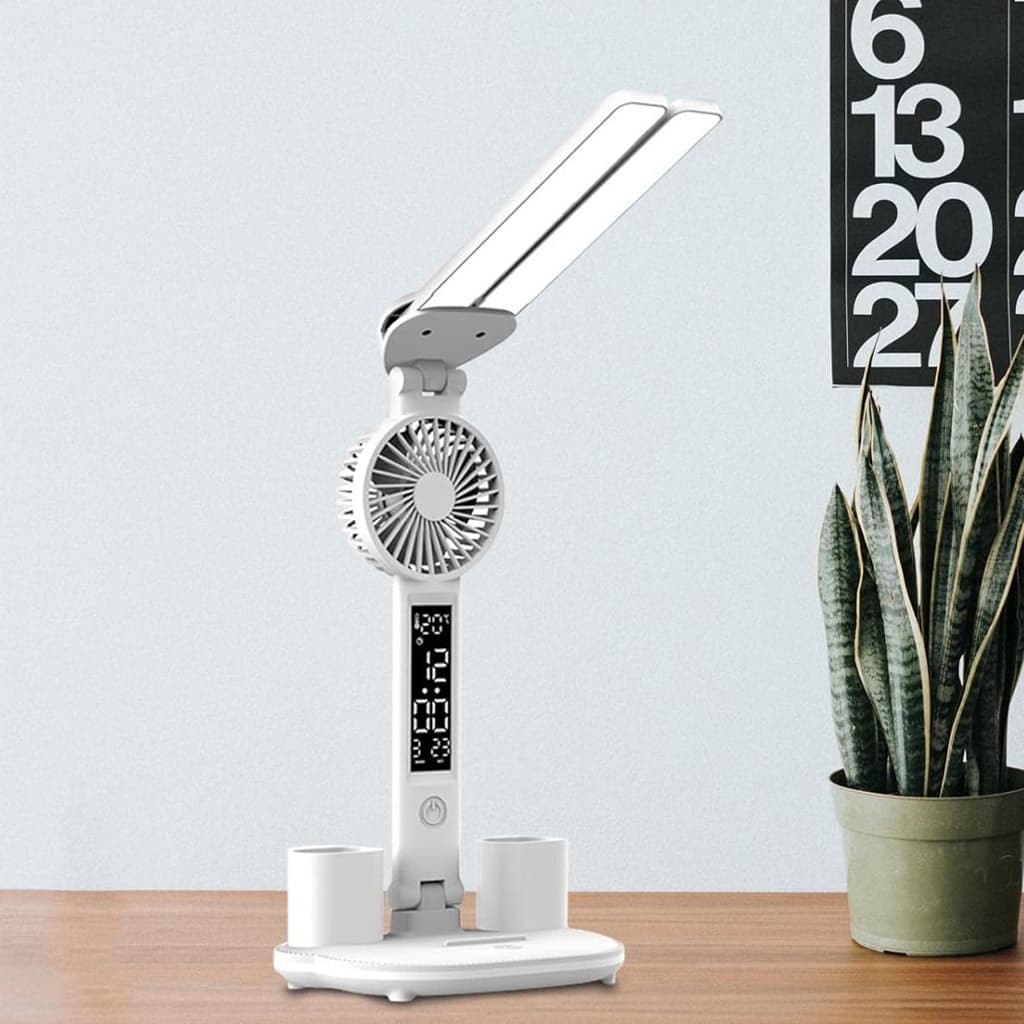 Lampe de bureau LED à double tête avec ventilateur et Horloge – مصباح مكتب مع منبه ومروحة مدمجة — صورة 4