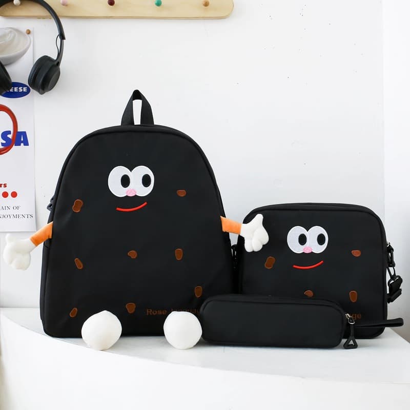 Ensemble de sacs d’école Kawai pour adolescents 3Pcs Language Noir – محفظة 3 قطع كاواي أسود — صورة 1