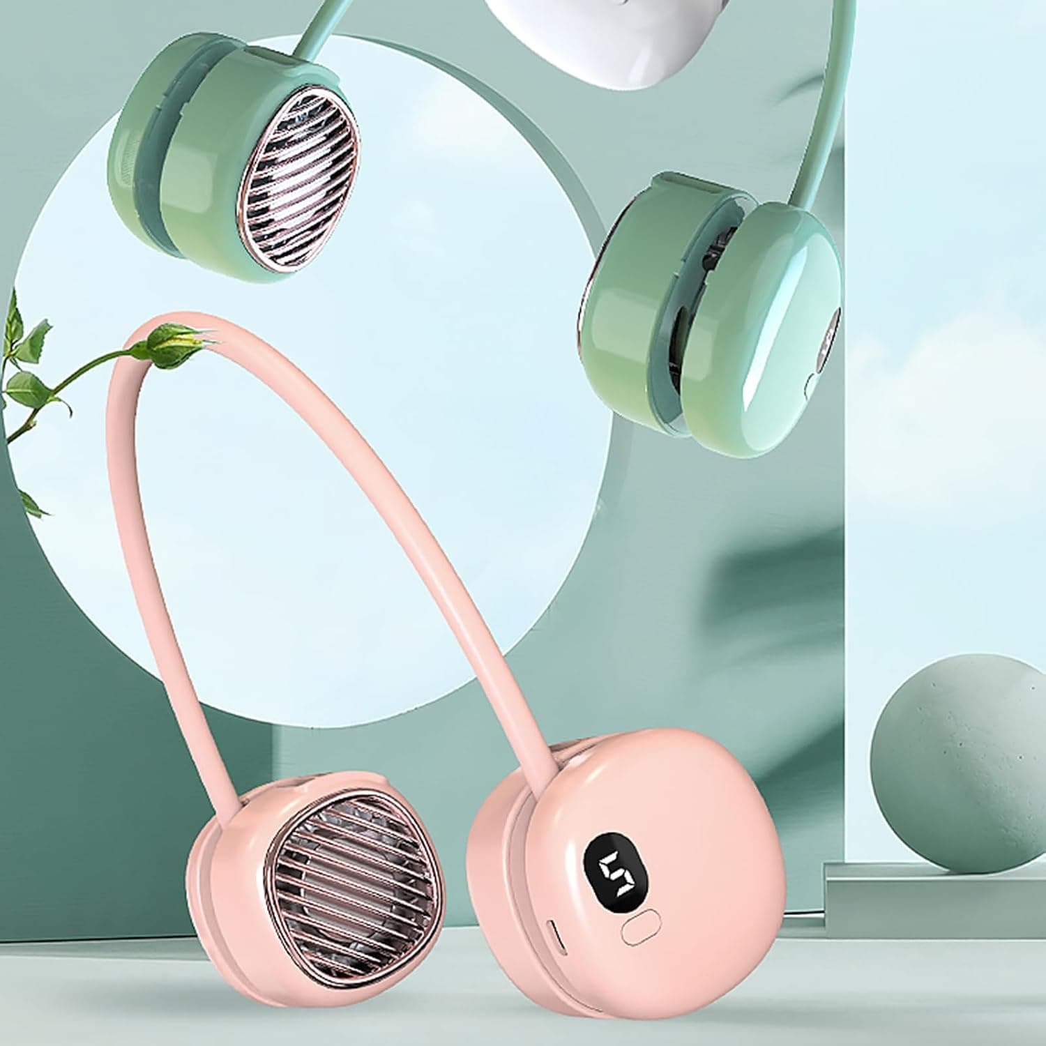 Ventilateur de Cou Portable Pliable - Design Macaron Écran LED et Rechargeable USB-C - مروحة الرقبة المحمولة والذكية القابلة للطي بـ 5 سرعات وشاشة - Électronique - صورة 2