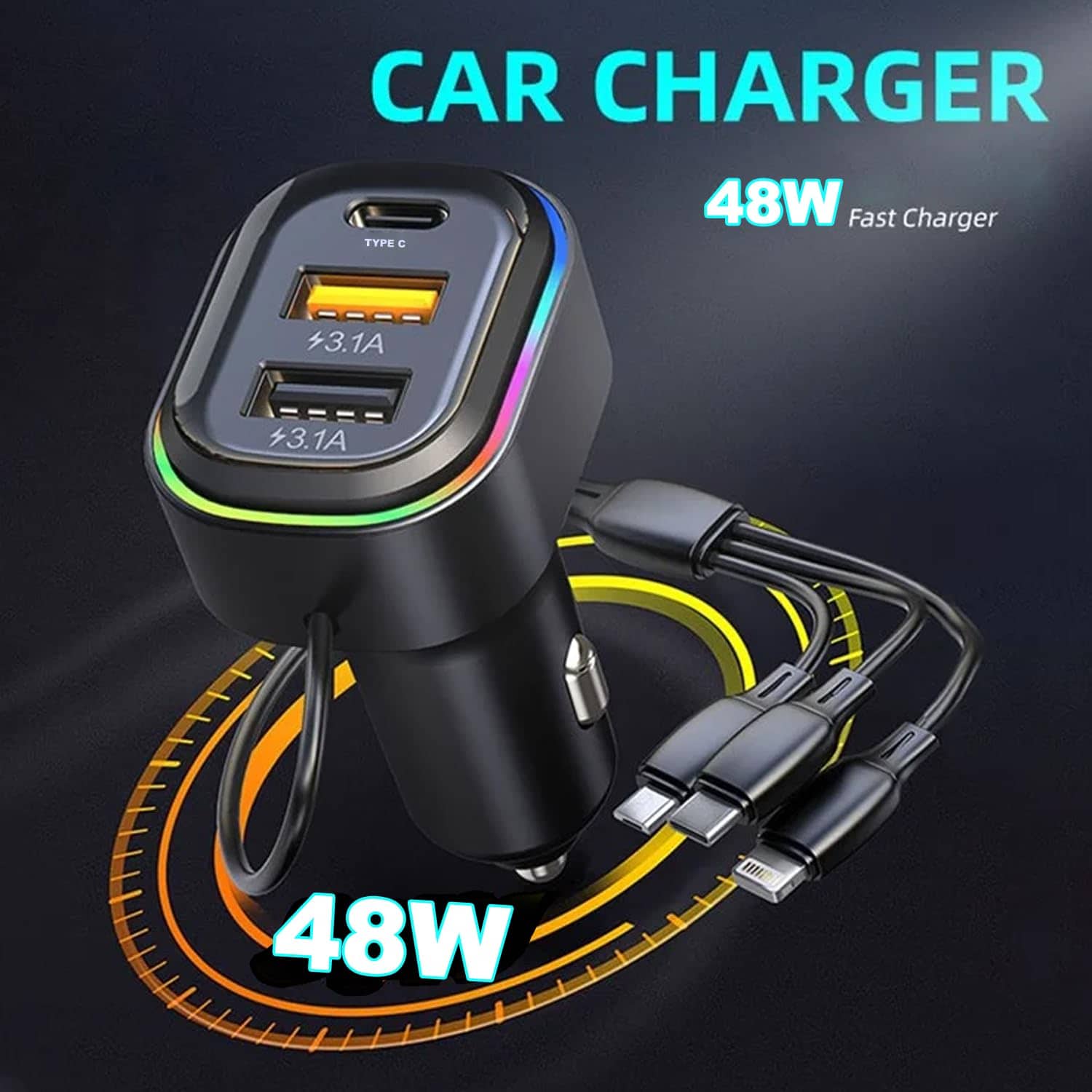 شاحن سيارة 3 منافذ | Chargeur 3 Ports Câble 3 en 1 | Lightning Type-C Micro USB