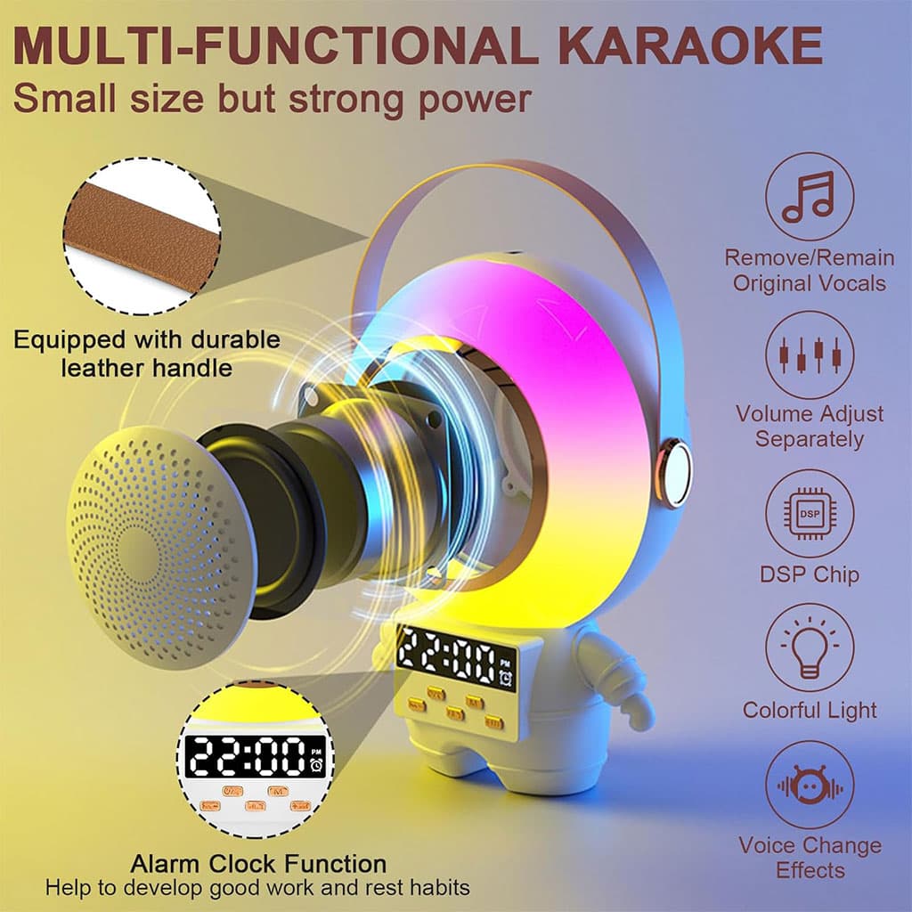 Haut-parleur Bluetooth karaoké astronaute avec microphone et réveil intégré — صورة 7