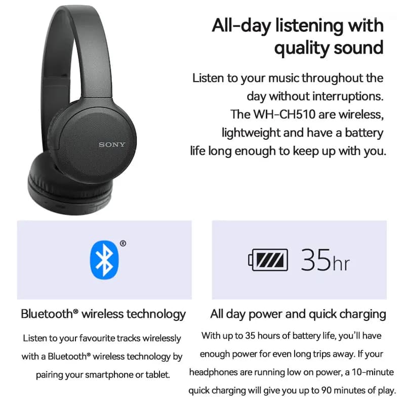 Sony Casque Bluetooth Original sans fil assistant vocal intégré, charge rapide, autonomie jusqu'à 35 heures WH-CH510 — صورة 5
