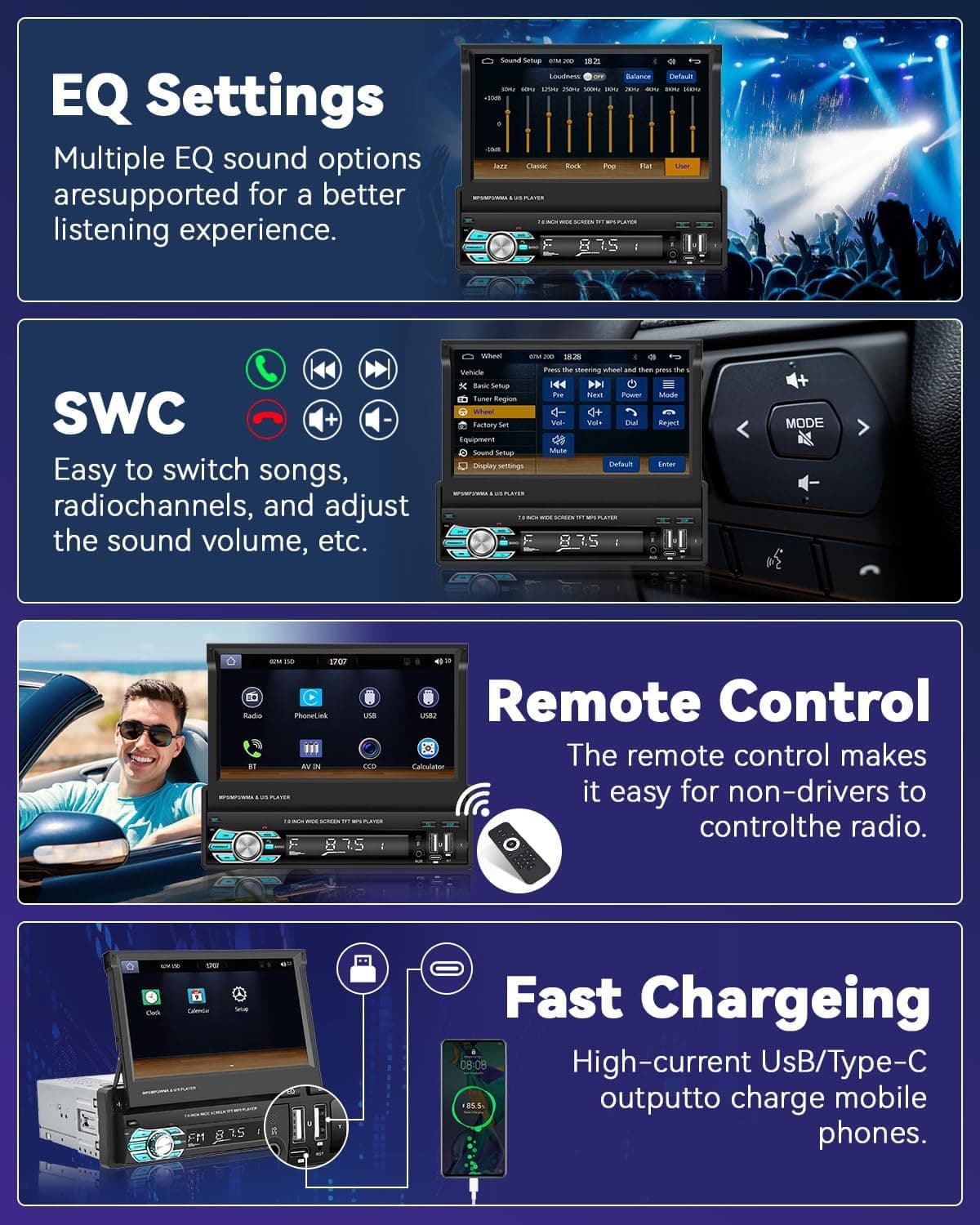 Autoradio Rétractable Tactile 7 Pouces Wireless CarPlay Android Auto 32+2GB - راديو السيارة الذكي بنظام أندرويد وشاشة 7 بوصة قابلة للطي - Accessoires Auto/Moto - صورة 10