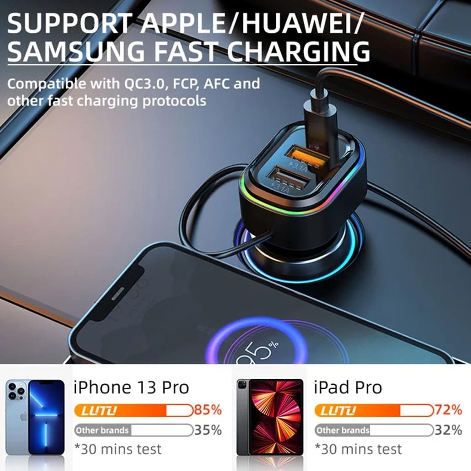 شاحن سيارة 3 منافذ | Chargeur 3 Ports Câble 3 en 1 | Lightning Type-C Micro USB — صورة 3