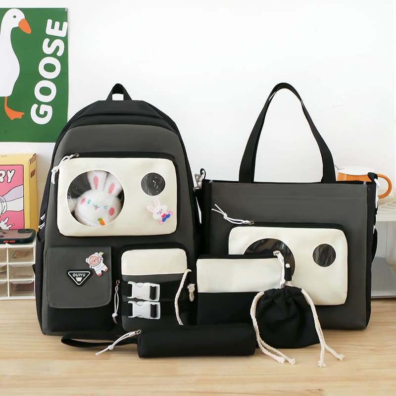Ensemble de sacs d’école Kawai pour adolescents 5Pcs Guiyu V2 Noir et Gris– محفظة 5 قطع كاواي أسود ورمادي — صورة 1