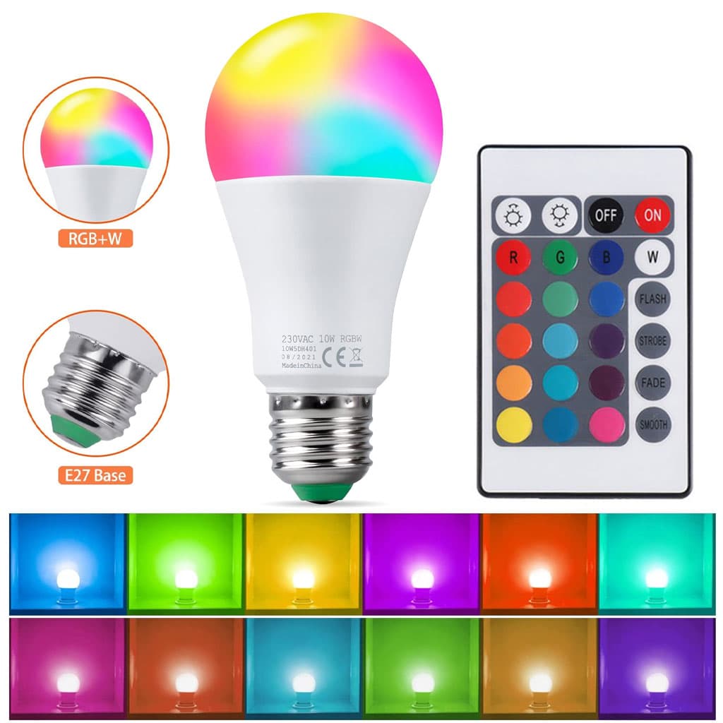 Ampoule LED RGBW E27 à intensité variable 16 couleurs – مصباح بأضواء ملونة — صورة 1