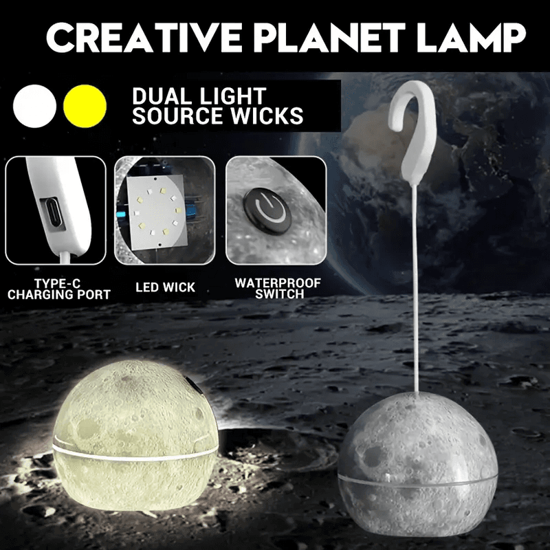Lampe Led Suspendue En Forme De Boule Décorative, Rechargeable Par Usb, Pour Camping Intérieur Et Extérieur, En Forme De Lune Ou De Terre, 1 Pièce — صورة 2