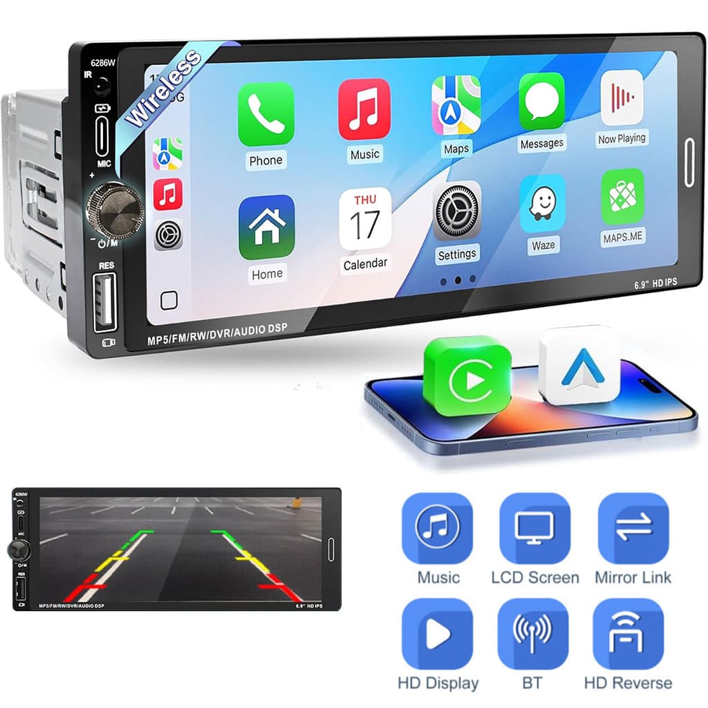 جهاز راديو سيارة لمسي | Autoradio 1 DIN 6.9 Pouces | CarPlay Wireless Android Auto — صورة 1