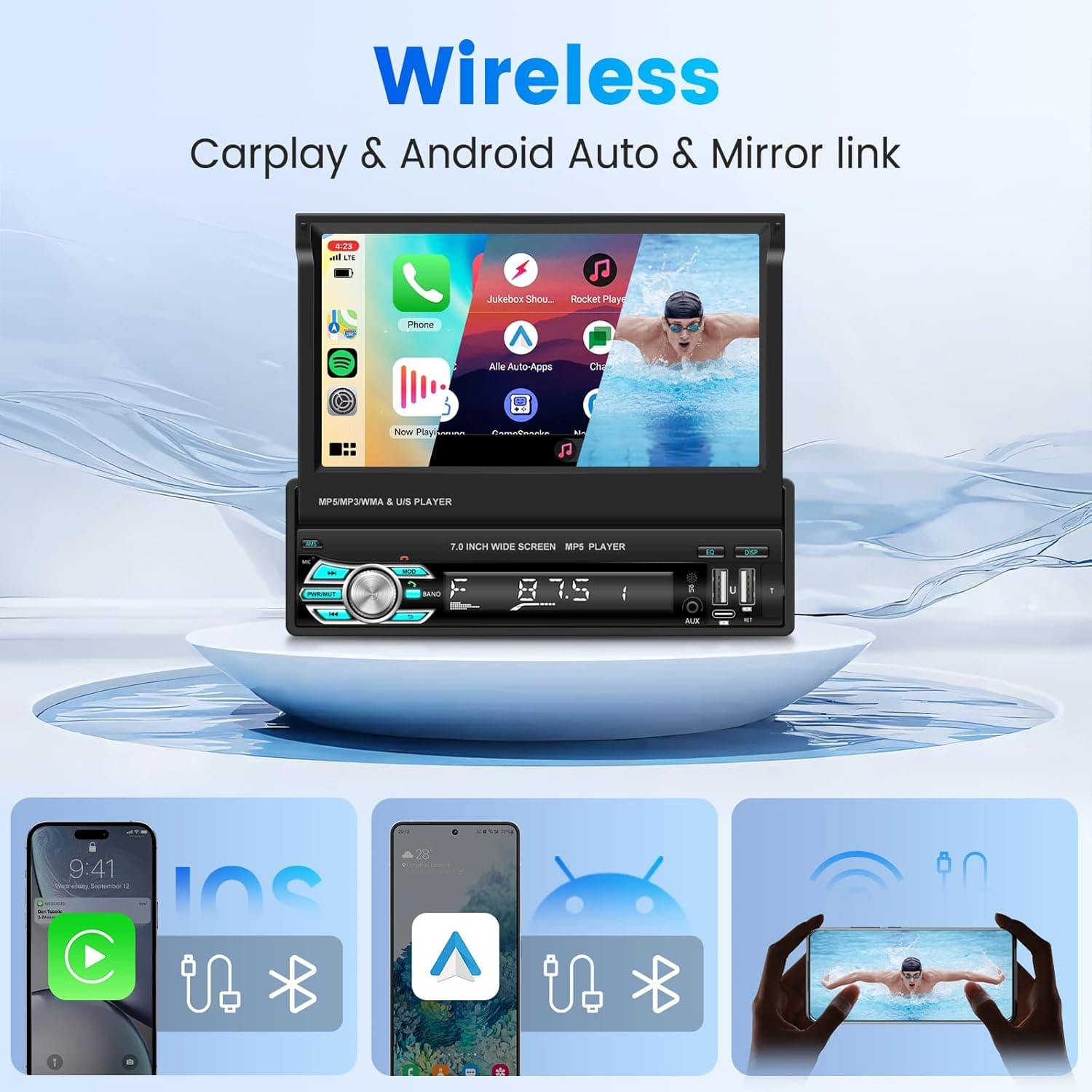 Autoradio Rétractable Tactile 7 Pouces Wireless CarPlay Android Auto 32+2GB - راديو السيارة الذكي بنظام أندرويد وشاشة 7 بوصة قابلة للطي - Accessoires Auto/Moto - صورة 8