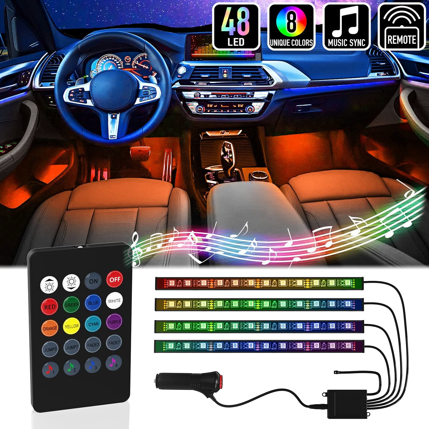 Kit de bandes lumineuses LED pour intérieur de voiture Rgb — صورة 1