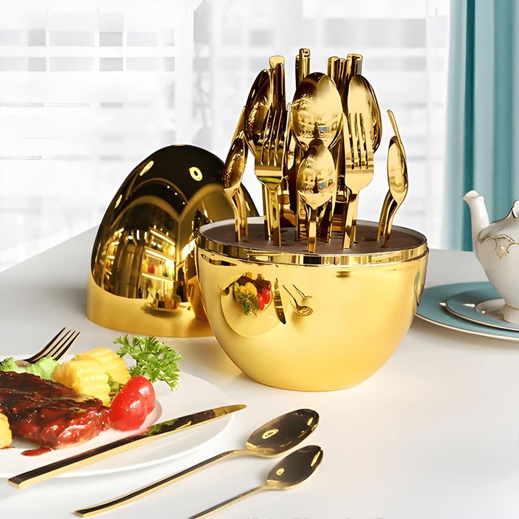 Serie Ensemble De Couverts Créatifs En Forme De Œuf Dorée 24Pcs – طقم أدوات المطبخ — صورة 1