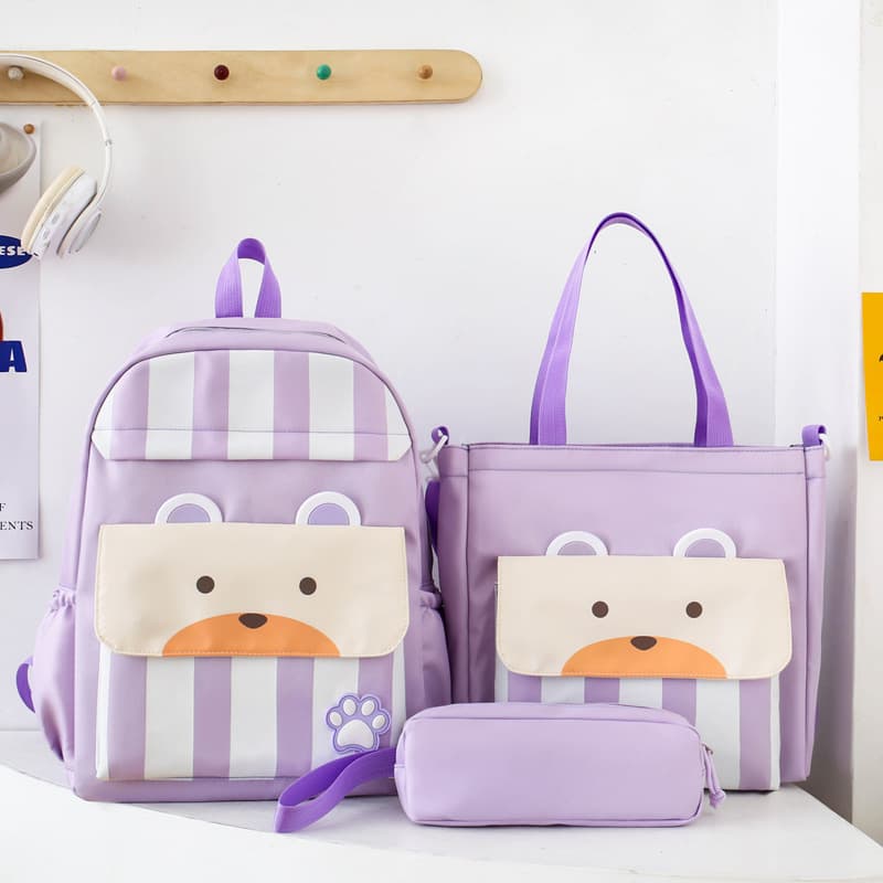 Ensemble de sacs d’école Kawai pour adolescents 3Pcs Ours Mauve – محفظة 3 قطع كاواي بنفسجي — صورة 1