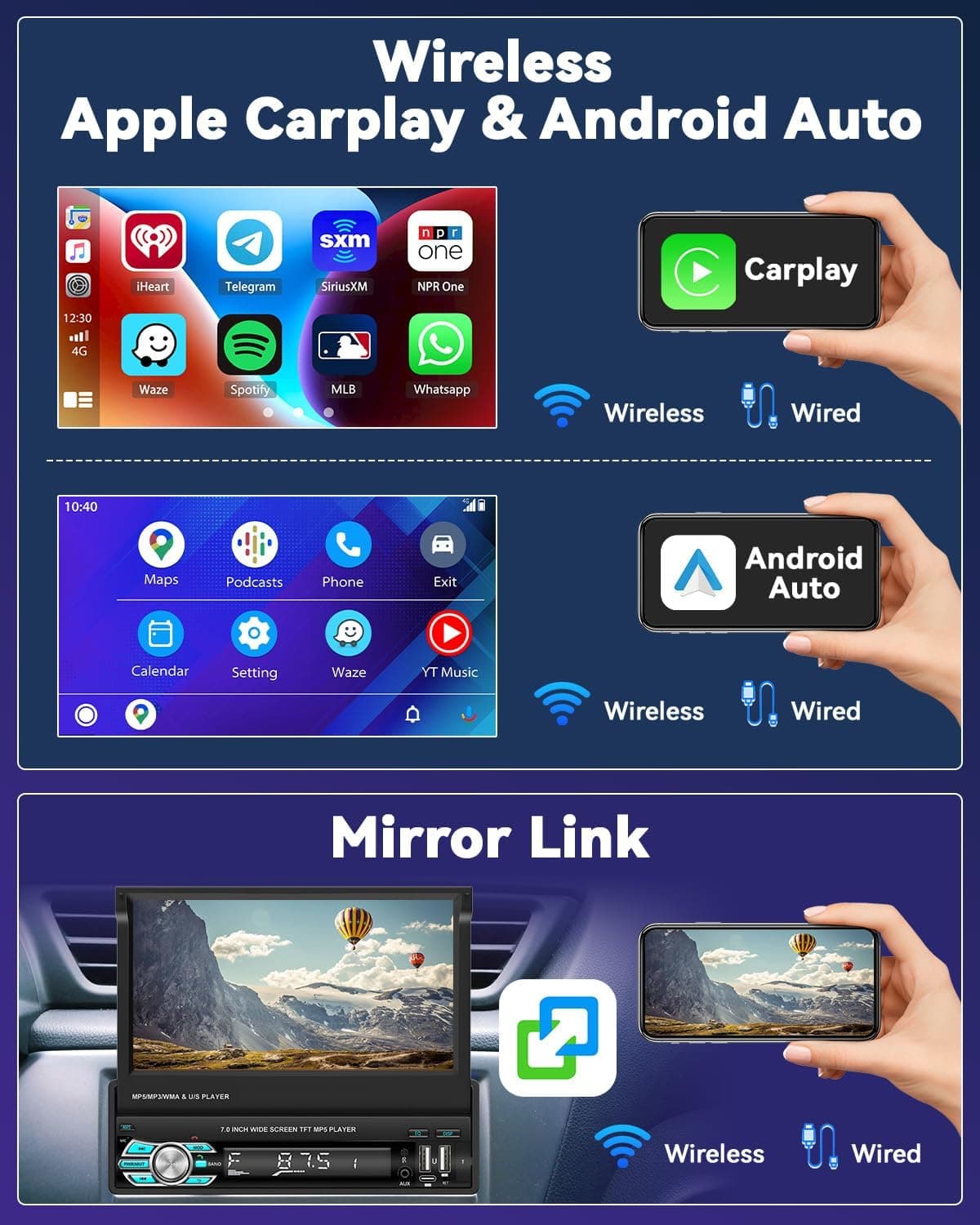 Autoradio Rétractable Tactile 7 Pouces Wireless CarPlay Android Auto 32+2GB - راديو السيارة الذكي بنظام أندرويد وشاشة 7 بوصة قابلة للطي - Accessoires Auto/Moto - صورة 4