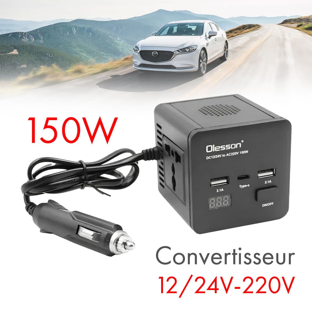 Convertisseur de tension en voiture avec surveillance de puissance 150 watts, 12 volts, 2 USB, 1 USB type C et 2 prises — صورة 2