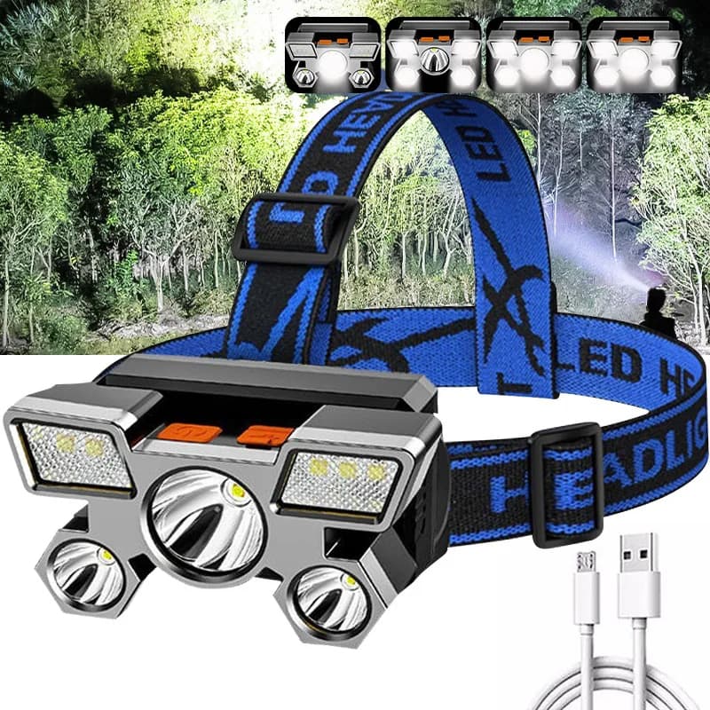 Lampe frontale portable rechargeable USB à 5 LED avec batterie intégrée — صورة 1