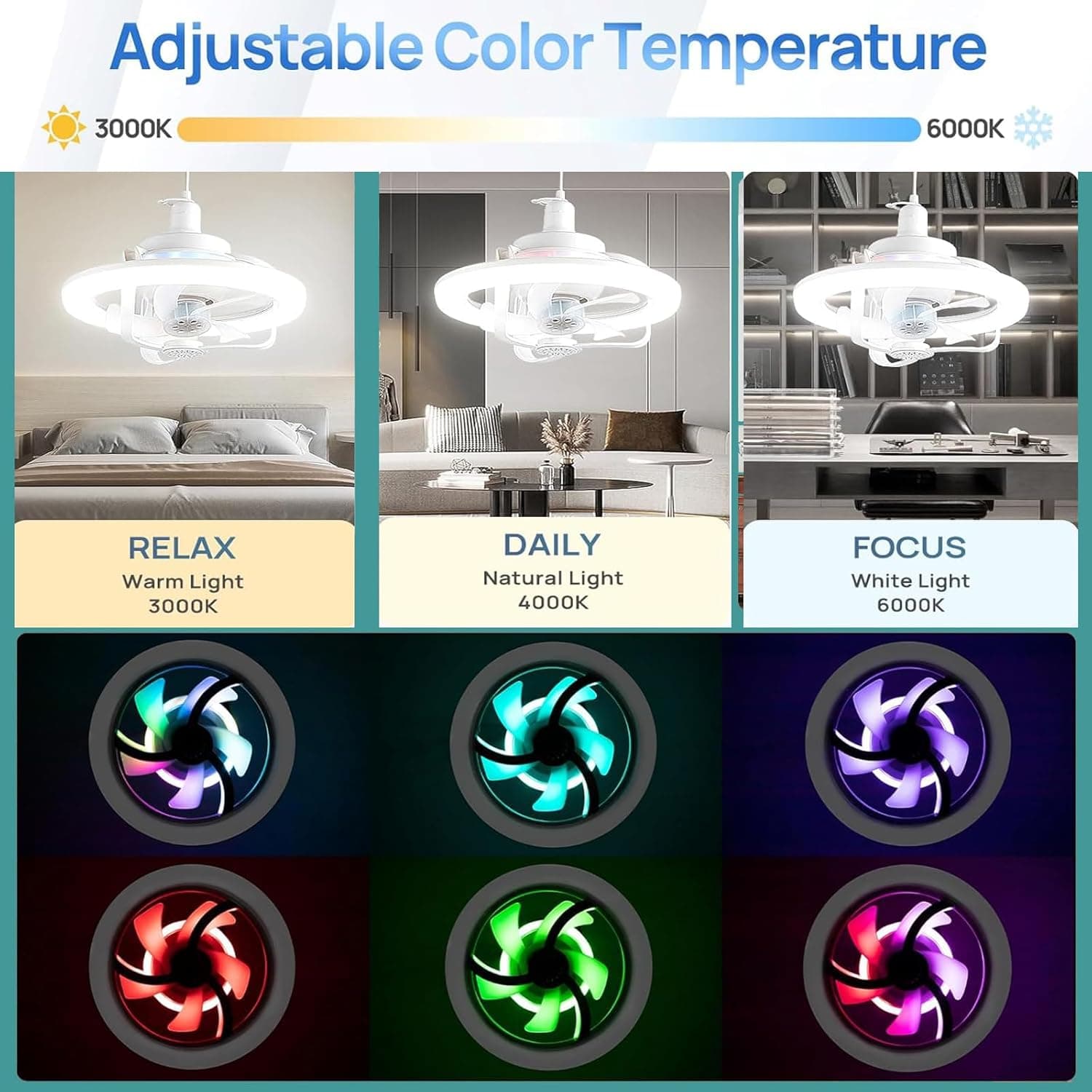 Ventilateur de Plafond Lumineux E27 avec Éclairage RGB et Télécommande - مروحة السقف الذكية إضاءة ملونة مع ريموت - Électronique - صورة 11
