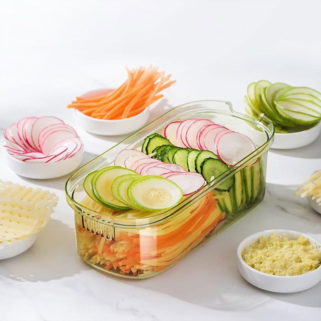 Mandoline à légumes professionnelle avec 5 lames et récipient – قطاعة خضر في المطبخ — صورة 2