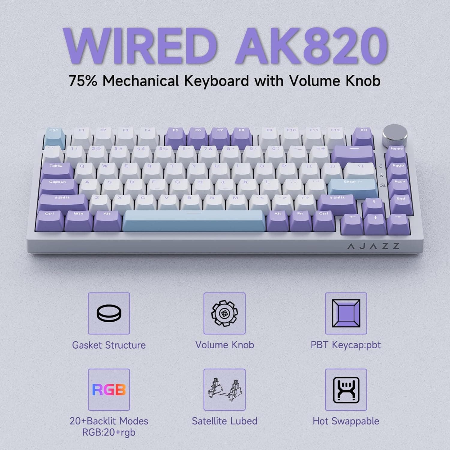 Clavier Mécanique Ajazz AK820 Purple avec Bouton de Volume et Structure Gasket - لوحة مفاتيح ميكانيكية - Accessoires PC - صورة 5