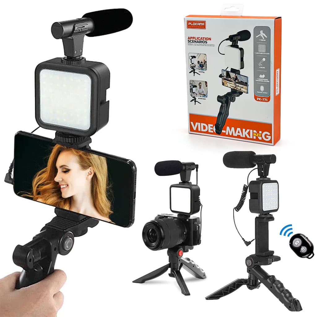Kit d’enregistrement vidéo pour smartphone et appareil photo avec microphone à LED intégré – طقم تصورير إحترافي مع ميكروفون وإضاءة مدمجة — صورة 1