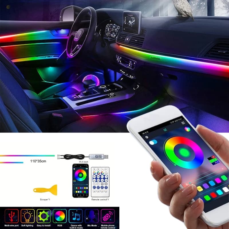 Bande lumineuse LED en néon RGB pour intérieur de voiture, éclairage suivi son d'ambiance Avec app et télécommande — صورة 1