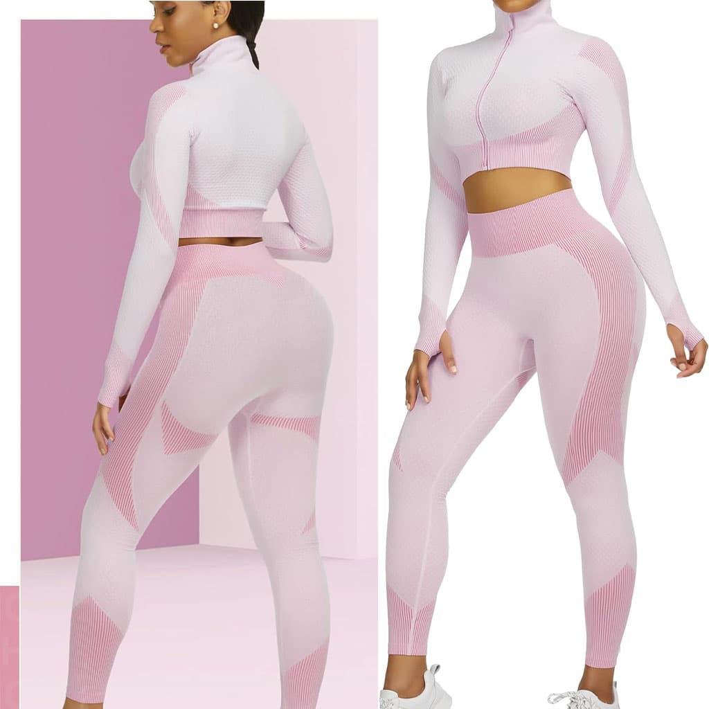 Ensembles d'entraînement pour femmes - Tenue de gymnastique sans couture à 2 pièces Rose — صورة 1