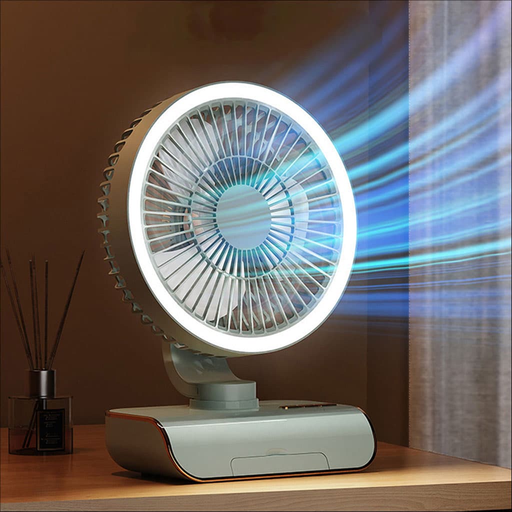 Ventilateur de Bureau Rechargeable Rotatif avec Lumière LED – مروحة مكتب قابلة للشحن — صورة 1